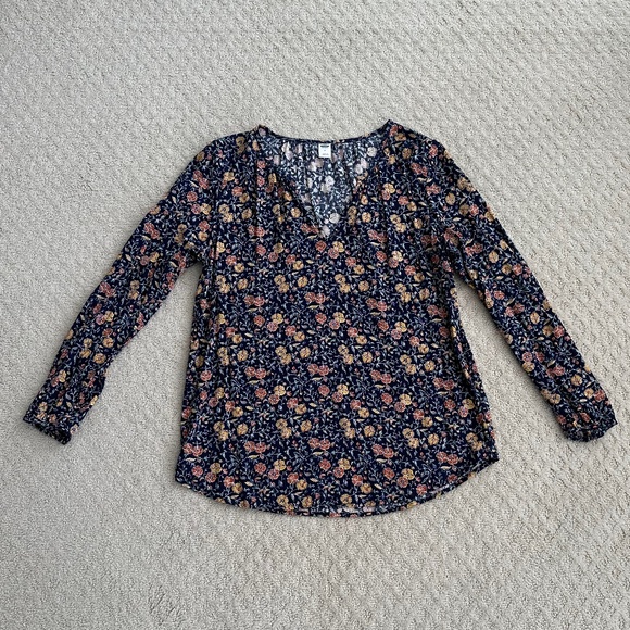 Old Navy Long Sleeve Peasant Blouse/Top Navy Blue Floral Size Medium - Picture 1 of 11